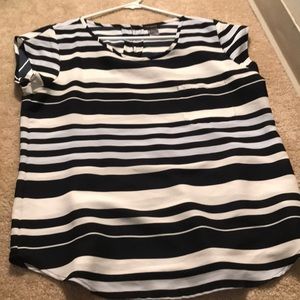 Navy, light blue, and white striped top